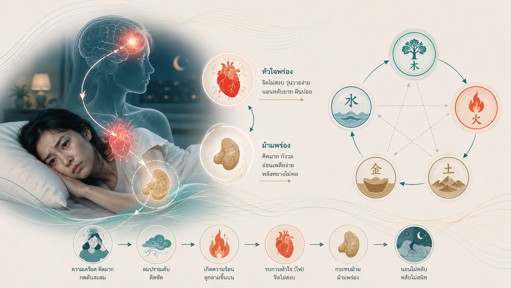นอนไม่หลับ สมองไม่หยุดคิด จากภาวะหัวใจและม้ามพร่อง (Heart and Spleen Deficiency): คิดมากจนร่างกายหมดแรง ใจไม่สงบ
หลายคนอาจสังเกตว่าช่วงที่ทำงานหนัก ใช้ความคิดมาก หรือมีเรื่องให้กังวลต่อเนื่อง การนอนมักเริ่มมีปัญหา หลับยากขึ้น ตื่นง่ายขึ้น หรือแม้หลับได้ก็ไม่รู้สึกสดชื่น ในมุมมองของแพทย์จีน ภาวะนี้มักสัมพันธ์กับ **“หัวใจและม้ามพร่อง” (心脾两虚)**