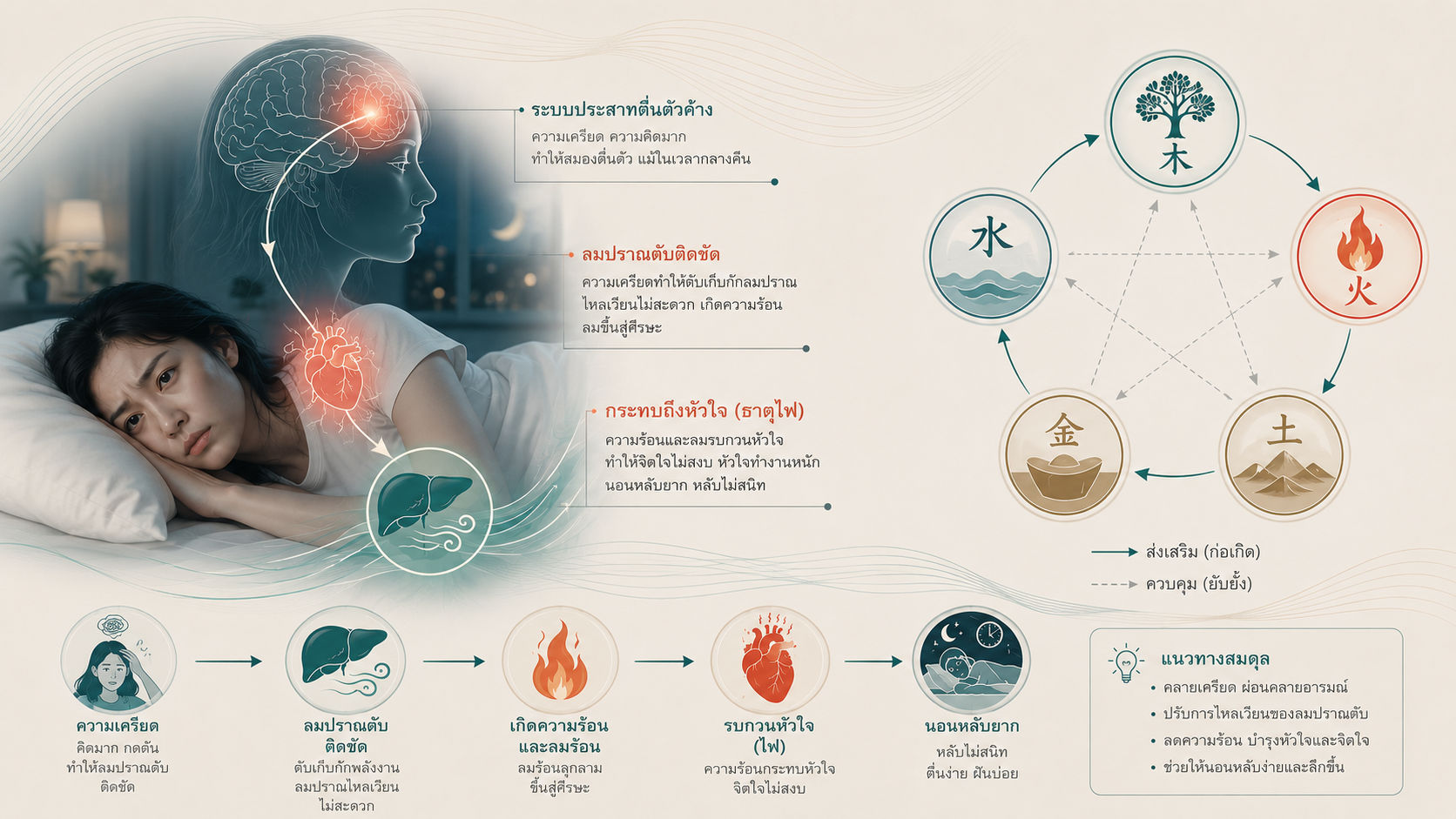 นอนไม่หลับ สมองไม่หยุดคิด จากภาวะตับไฟแกร่ง / ตับอุดตัน (Liver Qi Stagnation): ความเครียดสะสมทำให้สมองตื่นตัวไม่หยุด
เคยไหม ยิ่งเครียด ยิ่งเหนื่อย กลับยิ่งนอนไม่หลับ แม้ร่างกายจะหมดแรง แต่สมองกลับคิดวน วิเคราะห์เรื่องเดิมซ้ำ ๆ หรือมีความรู้สึกหงุดหงิด กระวนกระวาย จนไม่สามารถเข้าสู่ภาวะพักผ่อนได้ง่าย ในแพทย์แผนจีน อาการลักษณะนี้มักสัมพันธ์กับภาวะ "ตับอุดตัน” หรือ “ตับไฟแกร่ง”