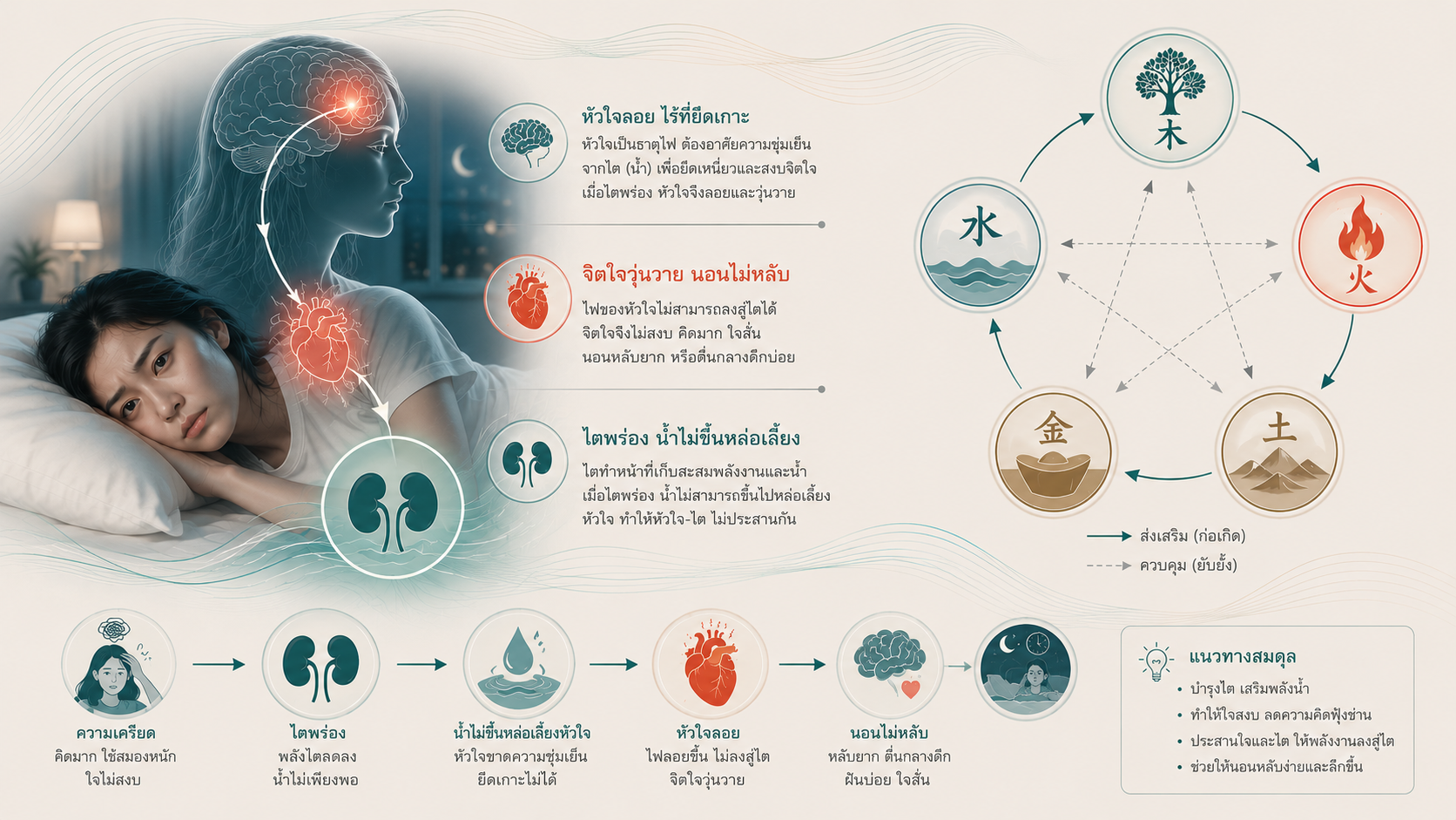นอนไม่หลับ สมองไม่หยุดคิด จากภาวะหัวใจและไตไม่ประสานกัน (Heart and Kidney Not Communicating): เมื่อไฟหัวใจแรงเกินไป แต่น้ำจากไตไม่พอหล่อเลี้ยง
อีกหนึ่งอาการที่พบได้บ่อยในผู้ที่มีอาการนอนไม่หลับเรื้อรัง คือภาวะ “หัวใจและไตไม่ประสานกัน” (心肾不交) ซึ่งเกี่ยวข้องกับความไม่สมดุลระหว่างพลังงานของหัวใจและไต ในแนวคิดแพทย์จีน หัวใจมีธรรมชาติเป็น “ไฟ” ขณะที่ไตมีธรรมชาติเป็น “น้ำ” ทั้งสองระบบจำเป็นต้องทำงานสอดประสานกัน