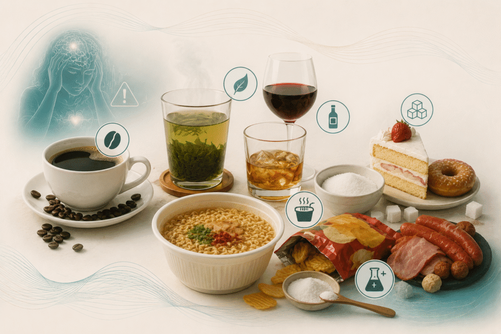 โรคแพนิค ห้ามกินอะไร? แอลกอฮอล์และเครื่องดื่มมึนเมา: แม้ตอนดื่มจะรู้สึกผ่อนคลาย แต่เมื่อแอลกอฮอล์เริ่มหมดฤทธิ์ (Hangover) จะทำให้สารเคมีในสมองแปรปรวนและกระตุ้นความวิตกกังวลสูงขึ้น
