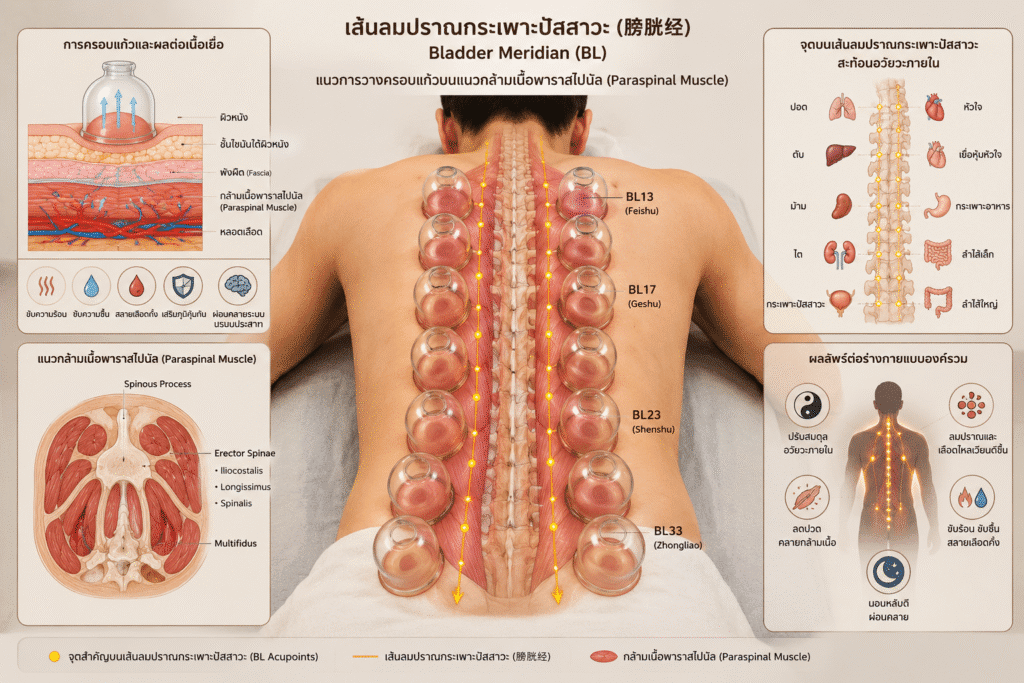สีของรอยครอบแก้ว บอกโรคและสมดุลร่างกาย รอยสีม่วงดำ: บ่งบอกถึงภาวะเลือดคั่งรุนแรงและความเย็นสะสมมาก ร่างกายมีความเย็น(寒邪)มากและเลือดคั่งในระดับลึก กล้ามเนื้อตึงยึดแข็ง มักปวดตื้อๆ ลึกๆ พบได้เมื่อปวดเรื้อรังเป็นเวลานานหรือถูกความเย็นกระทบร่างกายมากๆ ซึ่งอาจต้องใช้เวลารักษามากกว่าคนที่มีรอยครอบแก้วสีม่วงคล้ำ/ม่วงเข้ม เนื่องจากอาการมีความรุนแรงหรือเรื้อรังมากกว่า แต่ไม่ได้บ่งบอกว่าเป็นโรคร้ายแรงเสมอไป
