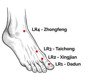 จุดฝังเข็มแก้ไมเกรน สิงเจียน (LR2)
เป็นจุดที่ใช้ “ระบายไฟตับ” โดยตรง อยู่บริเวณระหว่างนิ้วหัวแม่เท้ากับนิ้วที่สอง เหมาะสำหรับผู้ที่มีอาการปวด